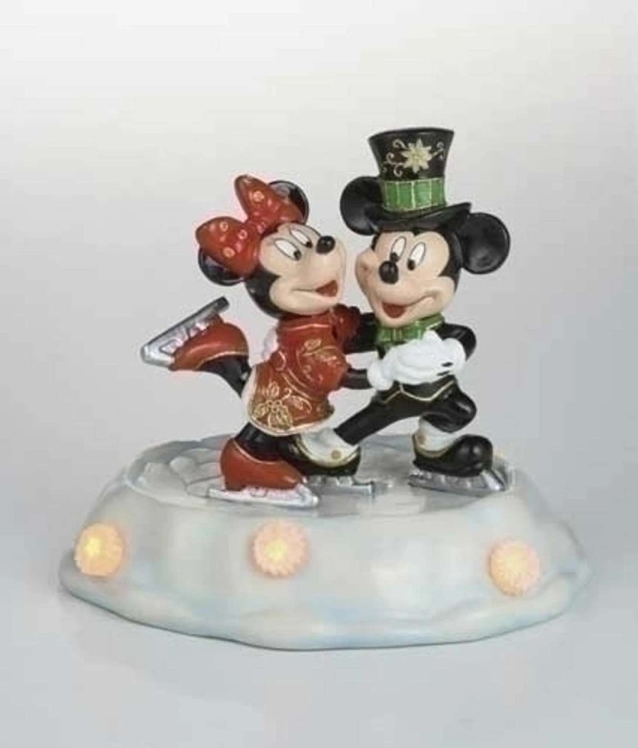 Figures * | Roman Pre-Lit Black And Red Cloisonne Mickey With Minnie Skating Christmas Figurine 7