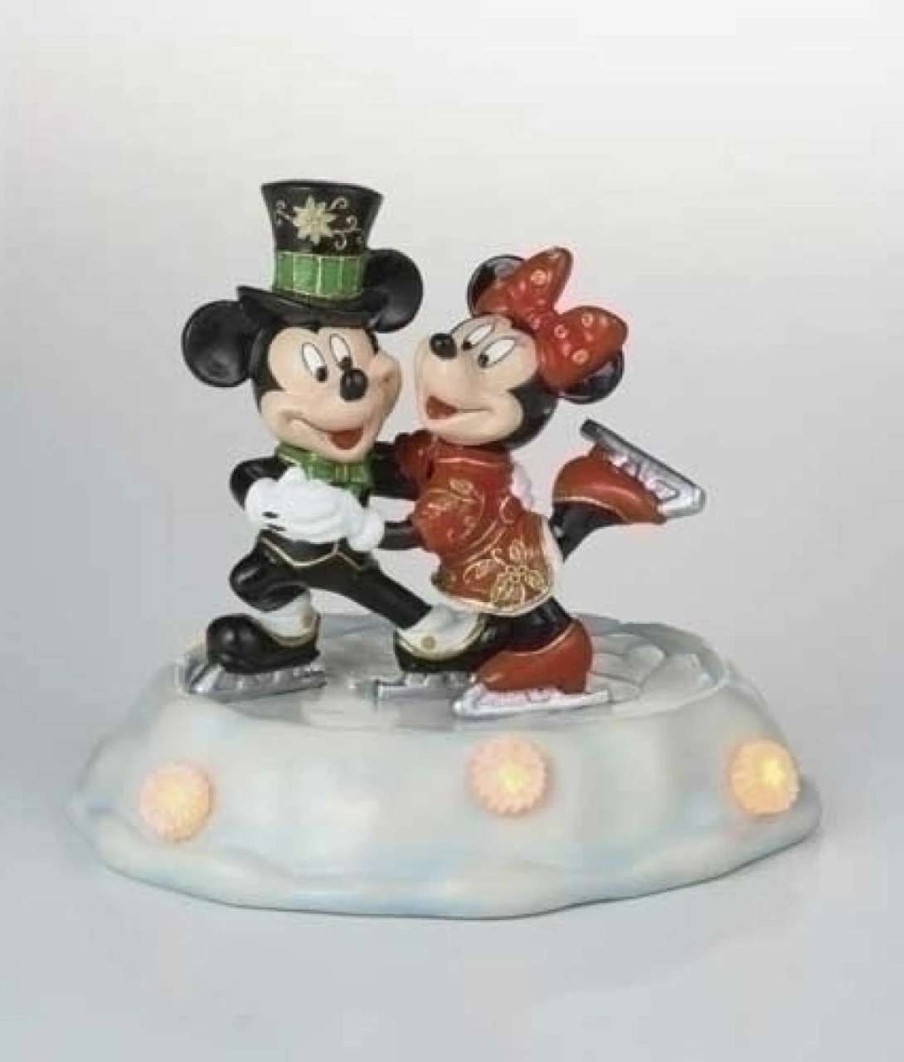 Figures * | Roman Pre-Lit Black And Red Cloisonne Mickey With Minnie Skating Christmas Figurine 7