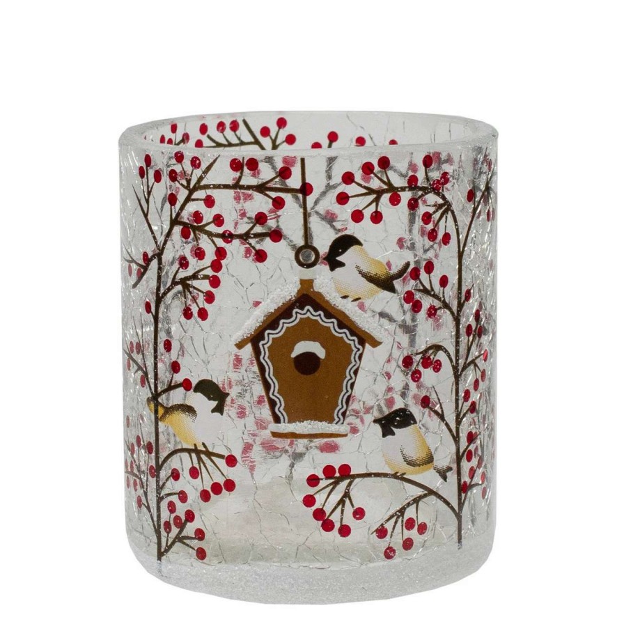 Candles & Lanterns * | Northlight 3 Hand Painted Sparrows And Berries Flameless Glass Christmas Candle Holder