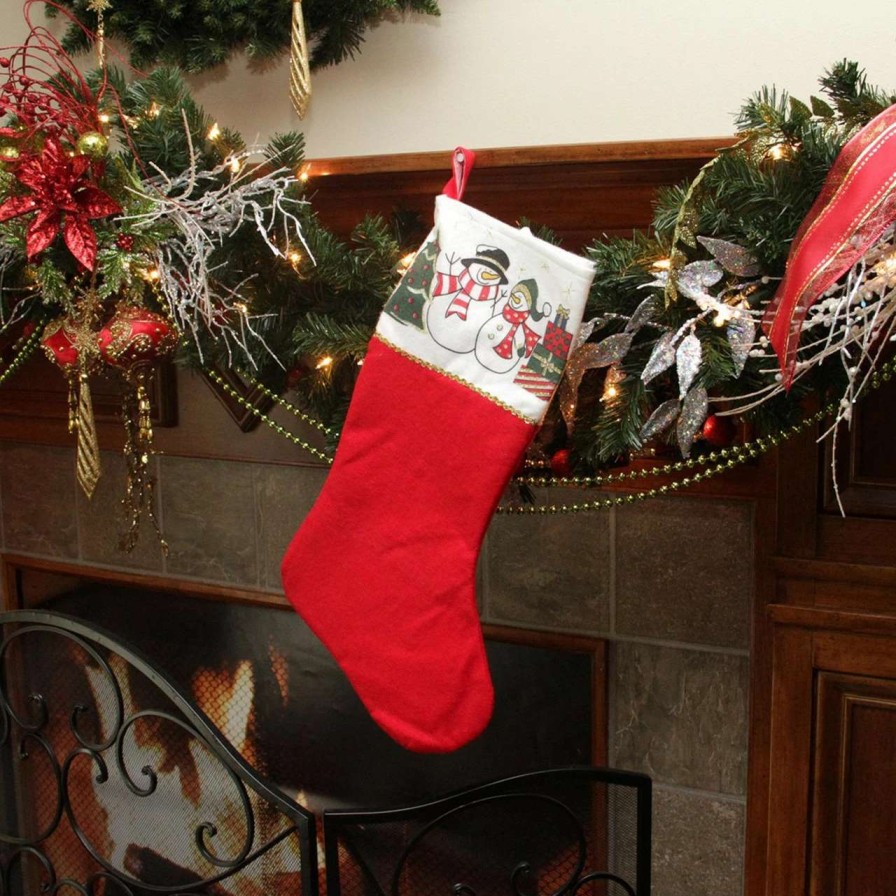 Stockings & Holders * | Northlight 19 Red And White Glittered Finish Jolly Snowmen Scene Bordered Stocking