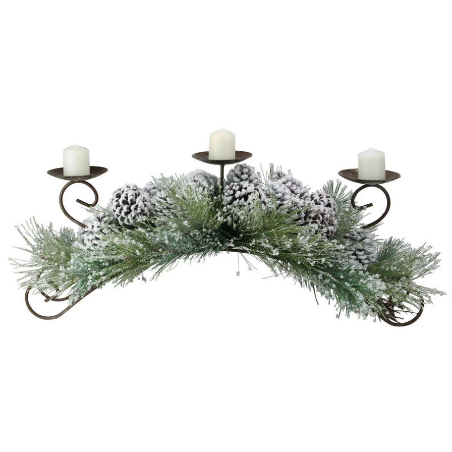 Candles & Lanterns * | Melrose 30 Green Frosted Pine Needle And Pine Cone Christmas Candle Holder