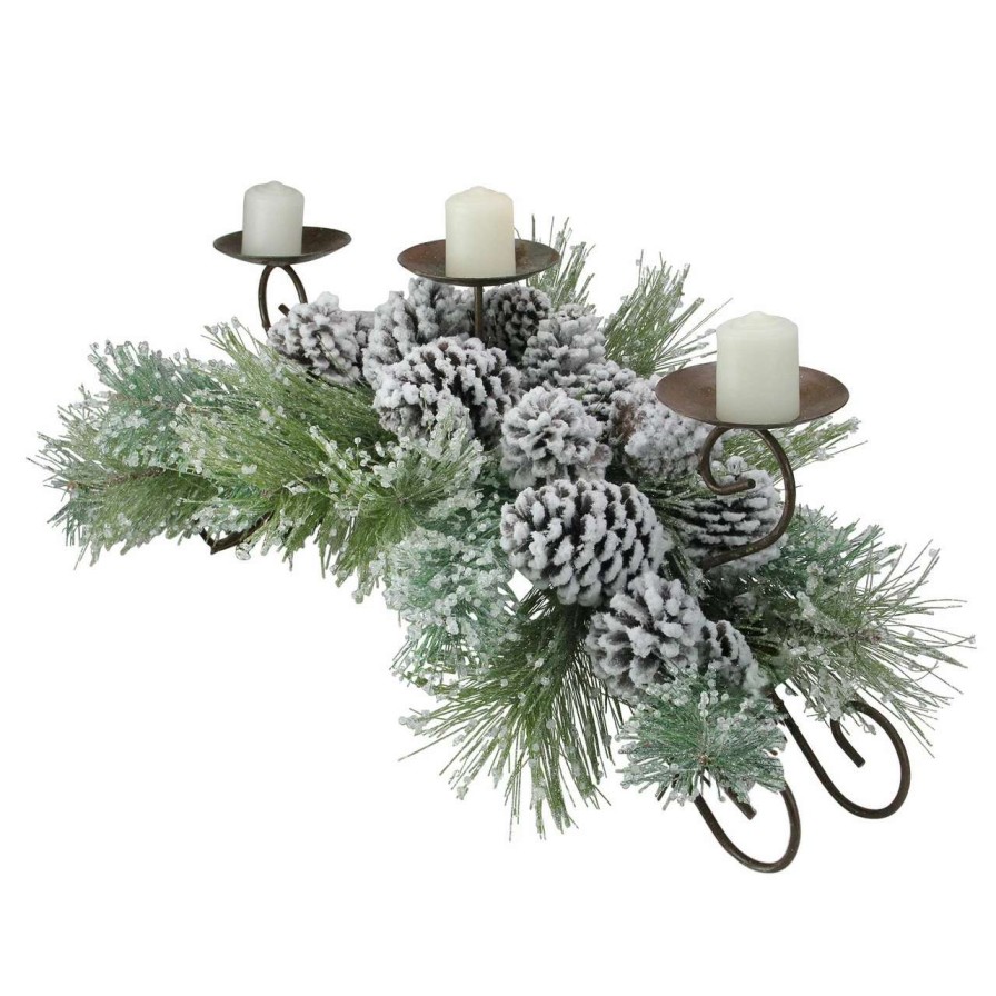 Candles & Lanterns * | Melrose 30 Green Frosted Pine Needle And Pine Cone Christmas Candle Holder