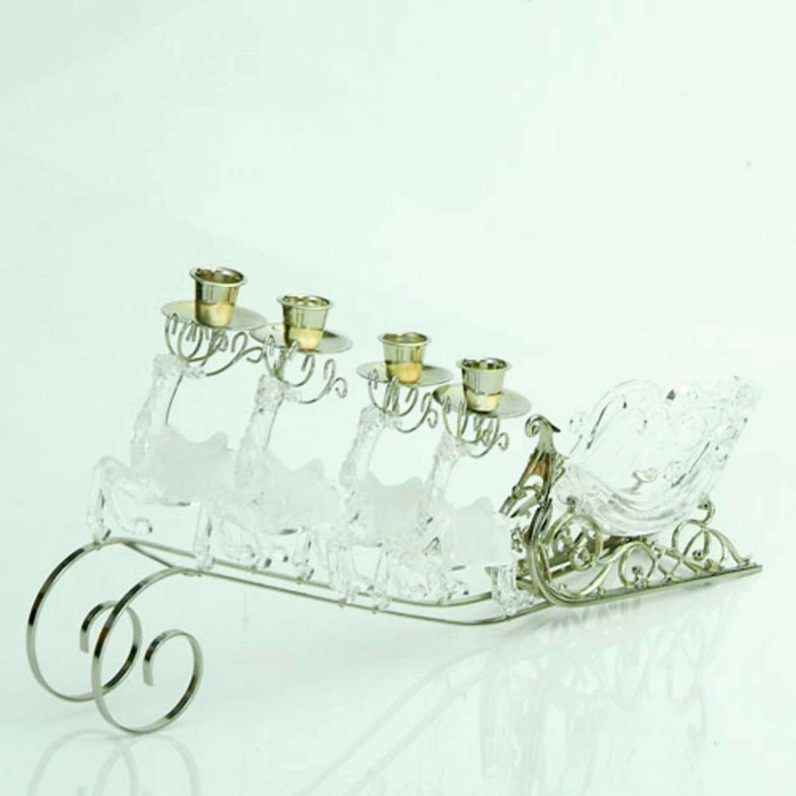 Candles & Lanterns * | Sterling International Inc 20 Clear And Gold Frosted Reindeer Pulled Sleigh Christmas Taper Candle Holder