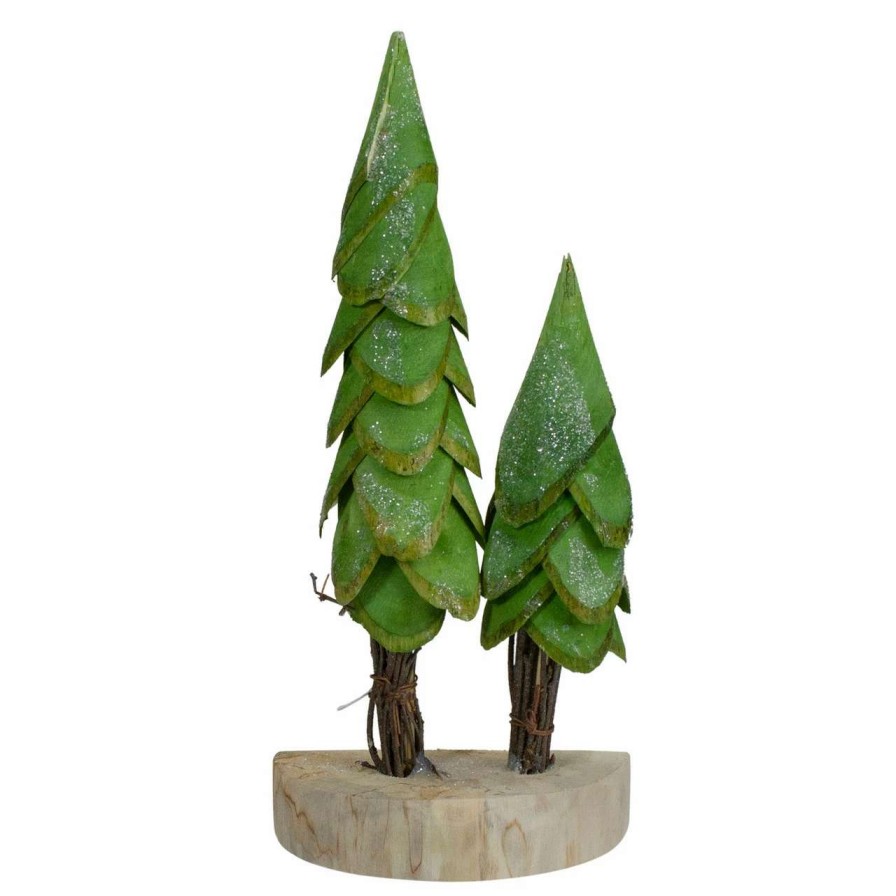 Christmas Table Top Trees * | Northlight 9 Brown And Green Christmas Trees On A Wooden Base Tabletop Decor