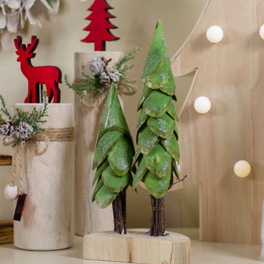 Christmas Table Top Trees * | Northlight 9 Brown And Green Christmas Trees On A Wooden Base Tabletop Decor