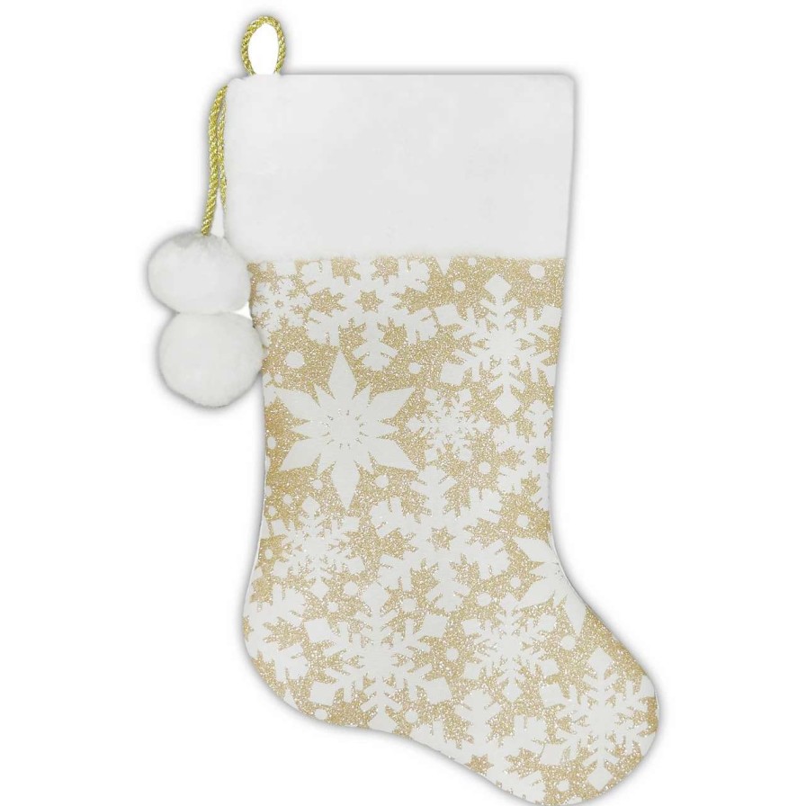 Stockings & Holders * | Northlight 20.5 Glittered Gold Christmas Stocking With Snowflakes And Pom Poms