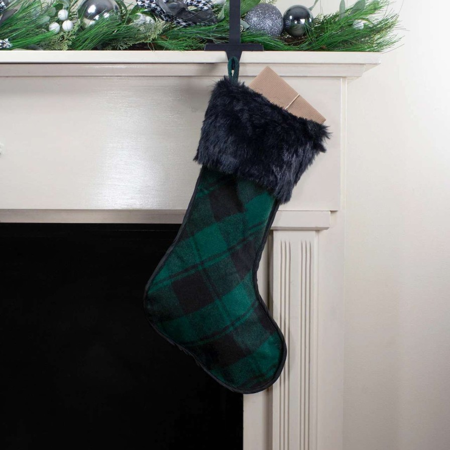 Stockings & Holders * | Northlight 19 Green And Black Plaid Christmas Stocking With Faux Fur