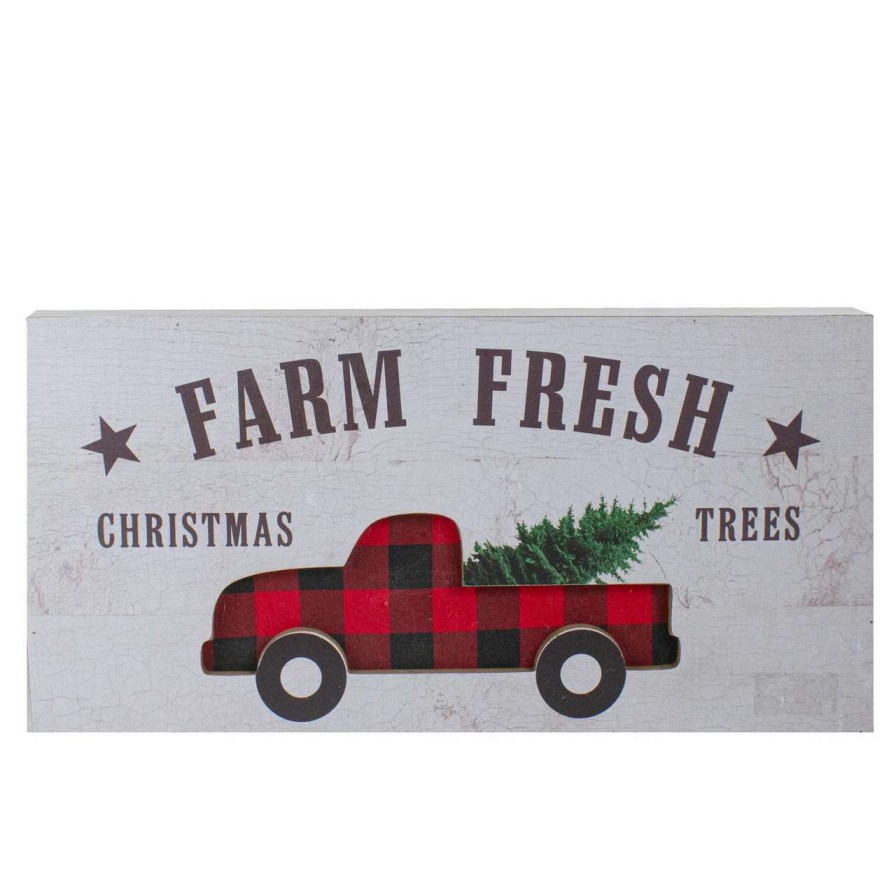 Christmas Village Sets & Accessories * | Northlight 16 Farm Fresh Black And Red Buffalo Plaid Farm Truck Wooden Christmas Sign