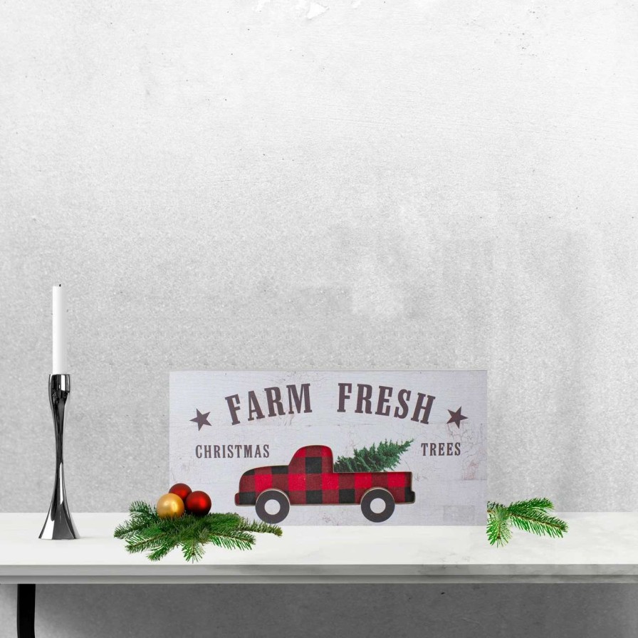 Christmas Village Sets & Accessories * | Northlight 16 Farm Fresh Black And Red Buffalo Plaid Farm Truck Wooden Christmas Sign