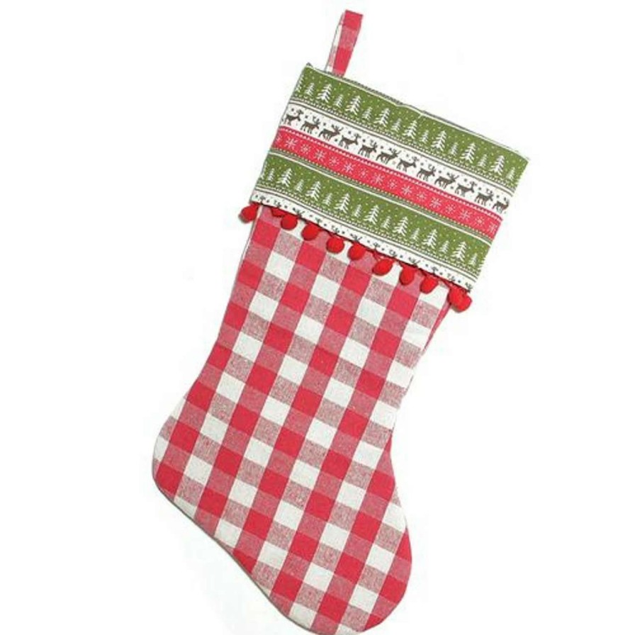 Stockings & Holders * | Northlight 19 Red And Green Rustic Plaid Christmas Stocking With Red Pom-Poms And Lodge Cuff