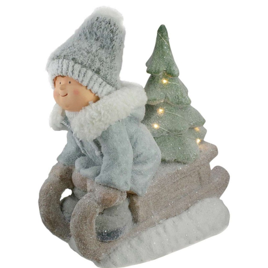 Figures * | Northlight 15 Beige And Green Lighted Boy On A Sled Christmas Decoration