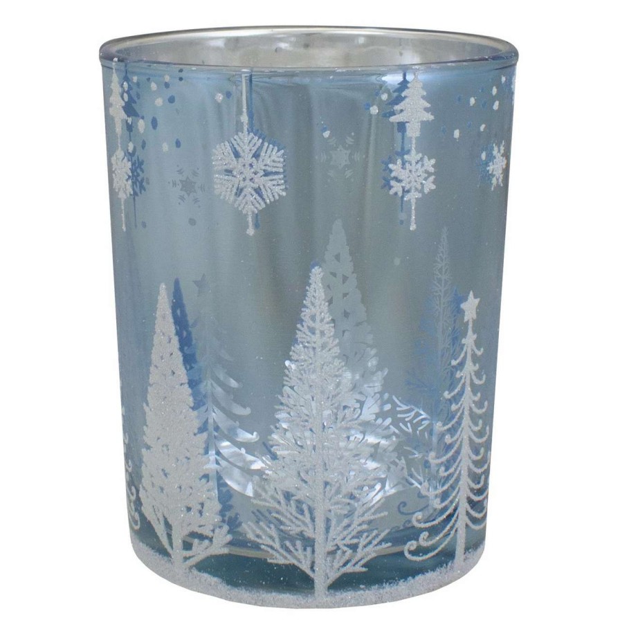 Candles & Lanterns * | Northlight 5 Shiny Blue And Silver Winter Forest And Snowflake Flameless Candle Holder