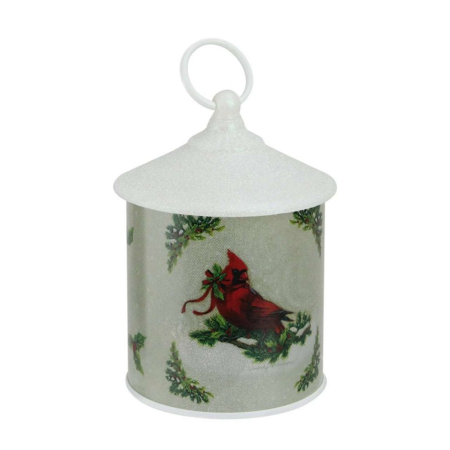 Candles & Lanterns * | Roman 7.5 White And Red Battery Operated Led Lighted Resting Cardinal Scene Christmas Lantern