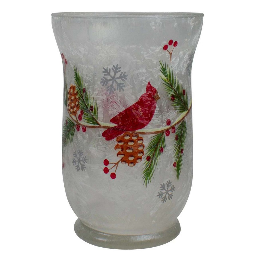 Candles & Lanterns * | Northlight 4 Hand Painted Christmas Cardinal And Pine Flameless Glass Candle Holder