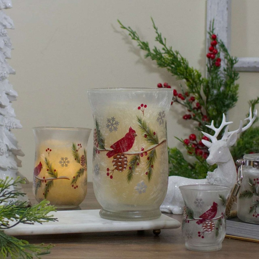 Candles & Lanterns * | Northlight 4 Hand Painted Christmas Cardinal And Pine Flameless Glass Candle Holder