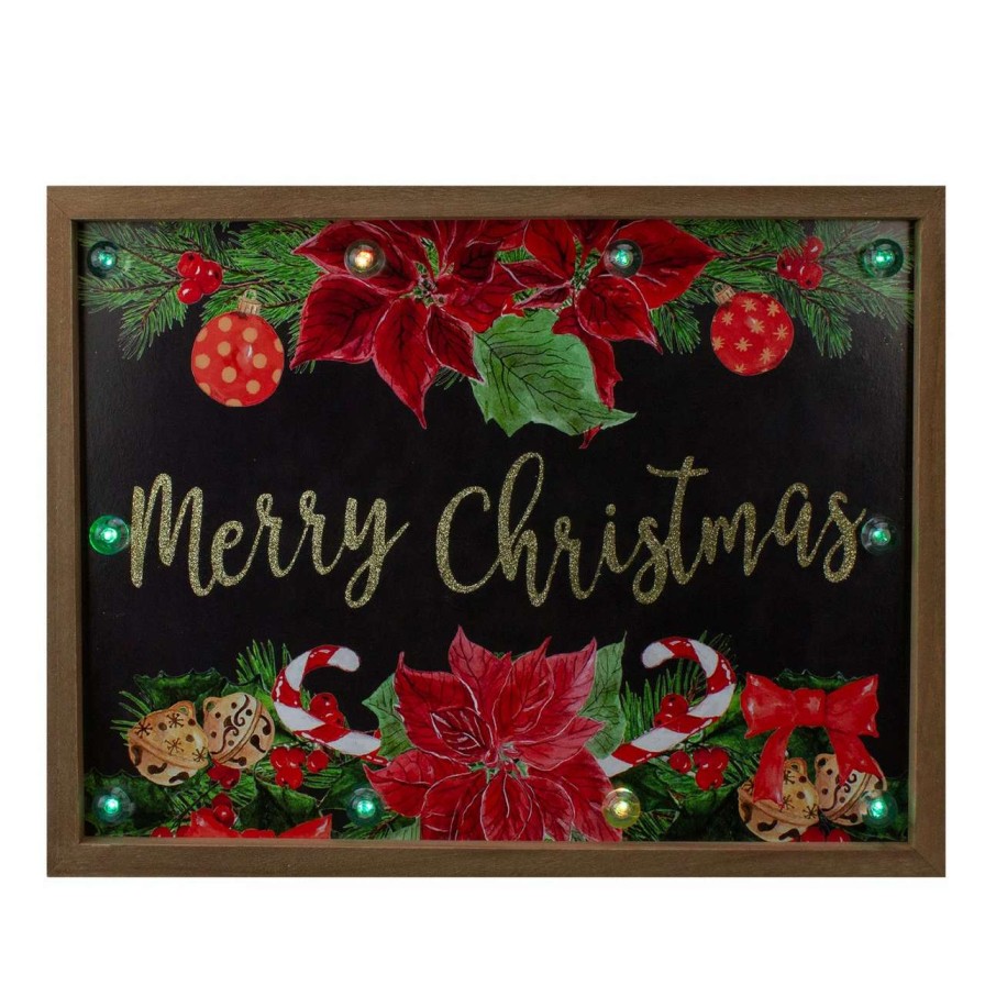 Christmas Village Sets & Accessories * | Northlight 15.75 Brown "Merry Christmas" With Poinsettias Wooden Christmas Plaque