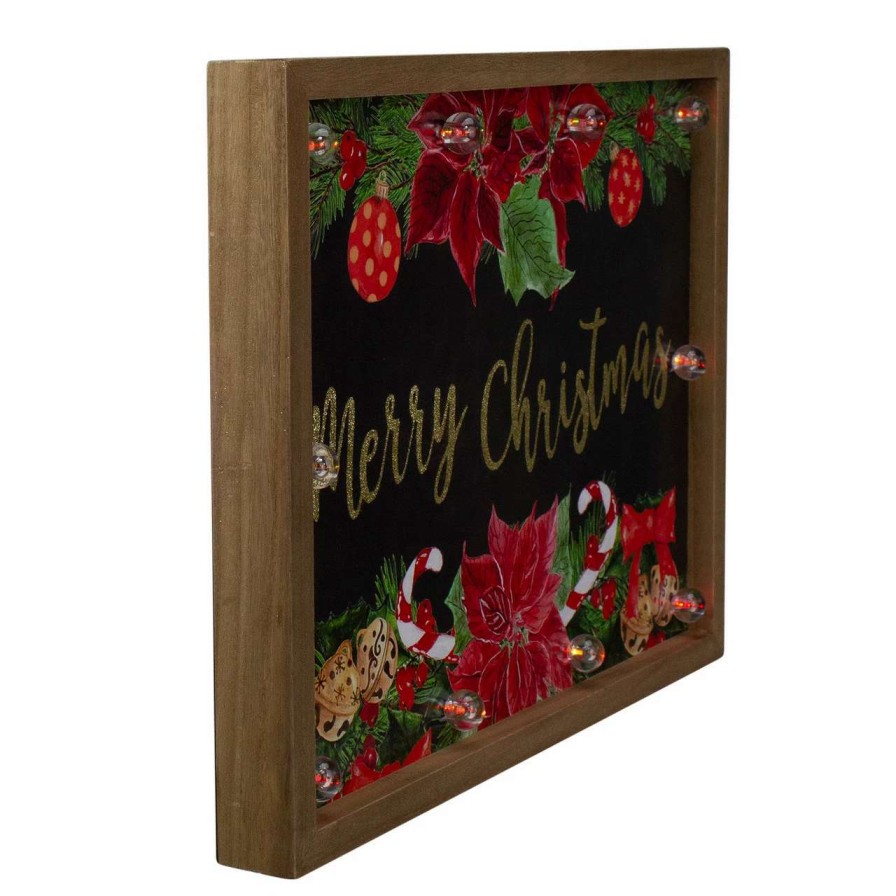 Christmas Village Sets & Accessories * | Northlight 15.75 Brown "Merry Christmas" With Poinsettias Wooden Christmas Plaque