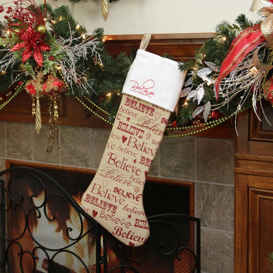 Stockings & Holders * | Northlight 24 Red And White Screen Printed "Believe" Font Styles Velvet Cuffed Linen Christmas Stocking