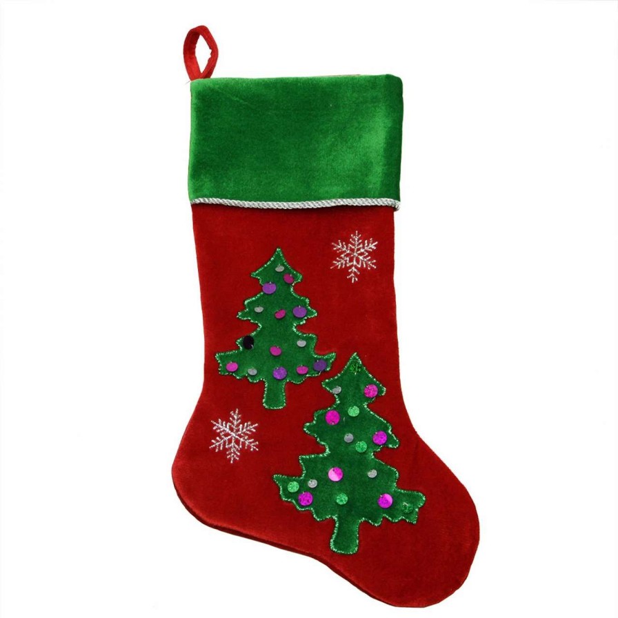 Stockings & Holders * | Northlight 20 Red Velveteen Sequined Christmas Tree Stocking With Green Cuff