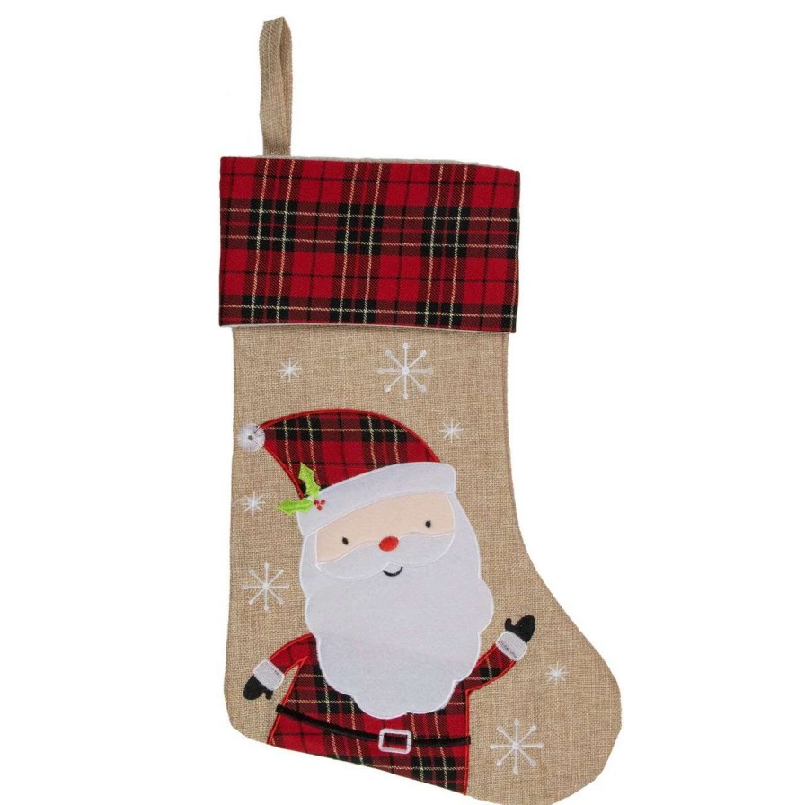 Stockings & Holders * | Northlight 19 Burlap Plaid Whimsical Santa Waiving Christmas Stocking