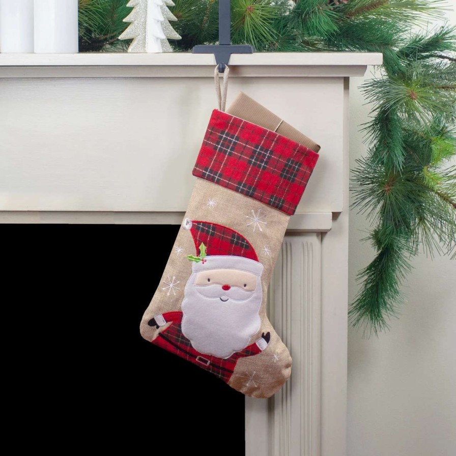 Stockings & Holders * | Northlight 19 Burlap Plaid Whimsical Santa Waiving Christmas Stocking